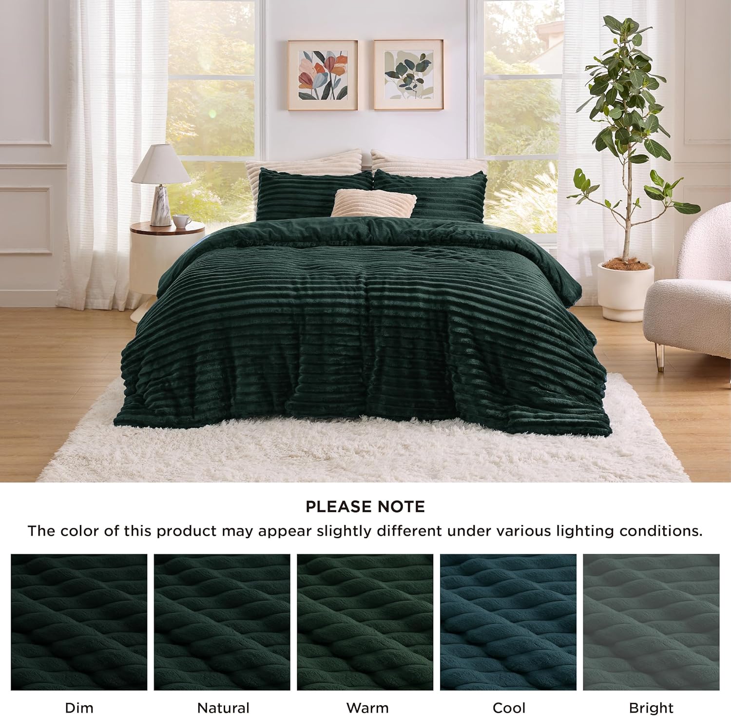 Bedsure Fluffy Comforter Set King Size - Super Soft Faux Fur Bed Set Emerald, All Seasons Warm Plush Fleece Bedding, 3 Pieces, 1 Shaggy Fuzzy King Comforter with 2 Pillowcases